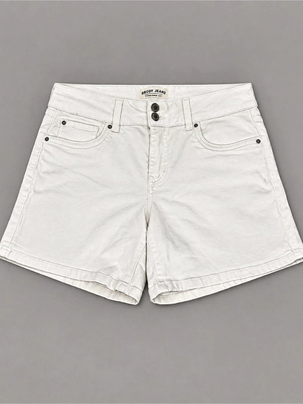 Brody Jeans Midi Short Off-White Stretch Denim Double Button Shorts